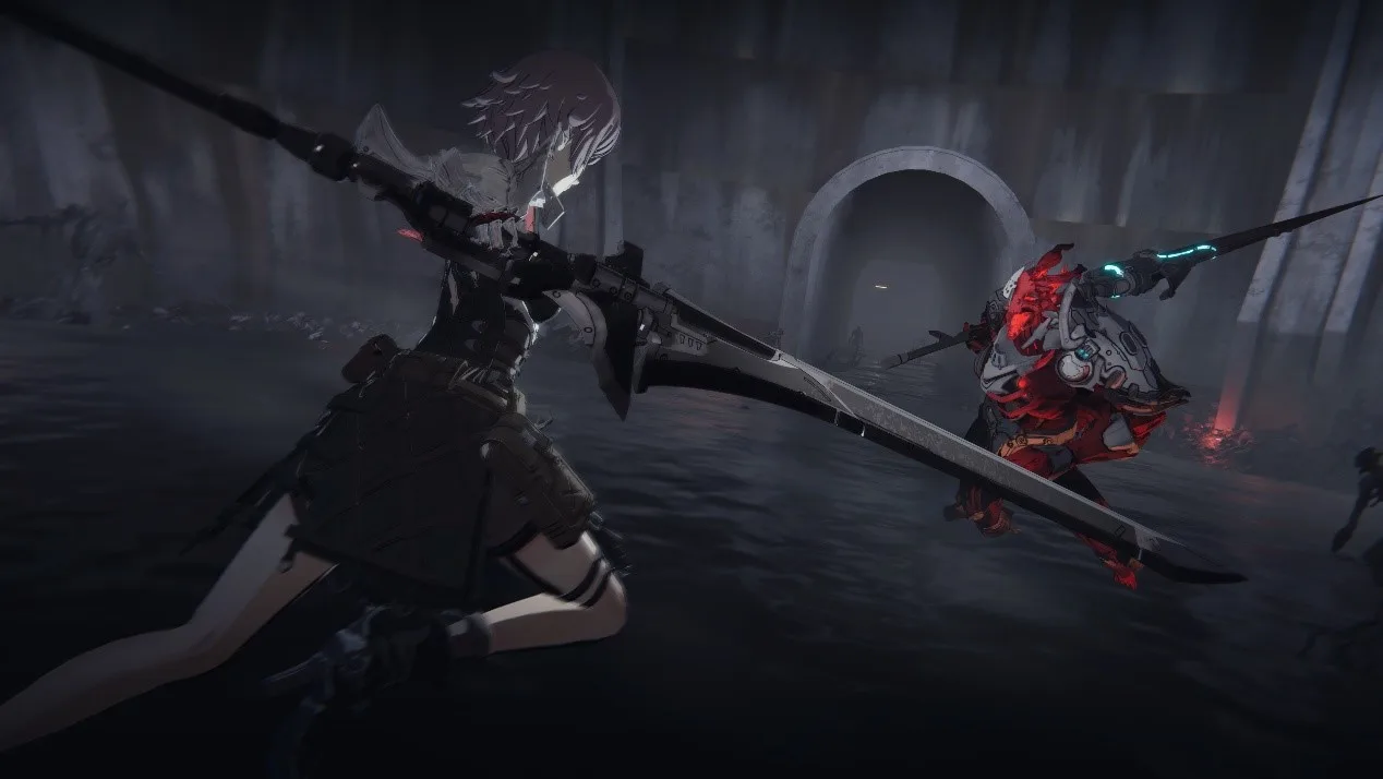Arrisa faces an armored enemy in an official AI LIMIT game image.